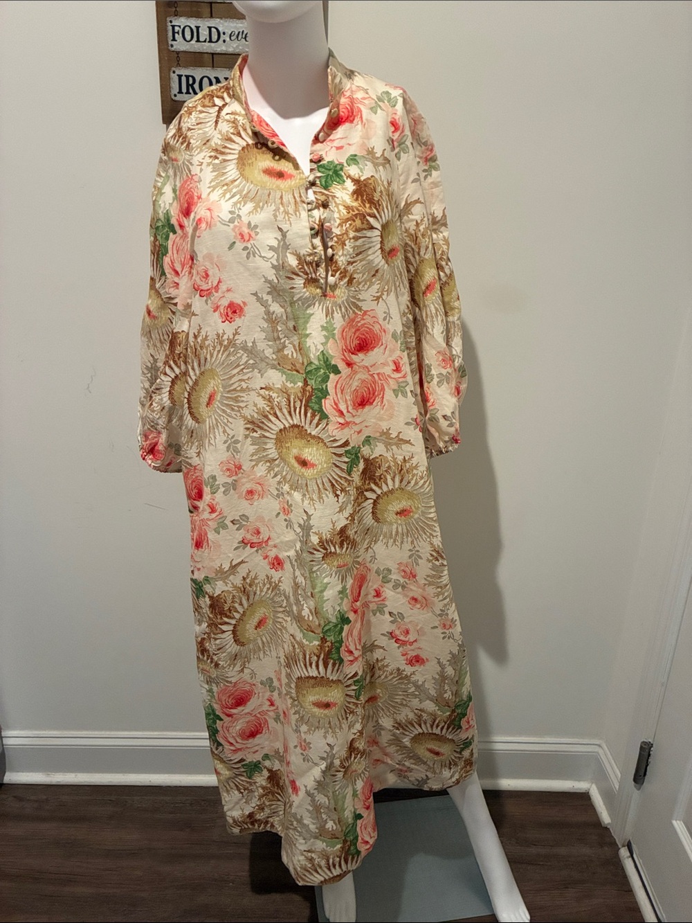 Tuckernuck Cream Floral Maxi Dress with Coral & Green Accents